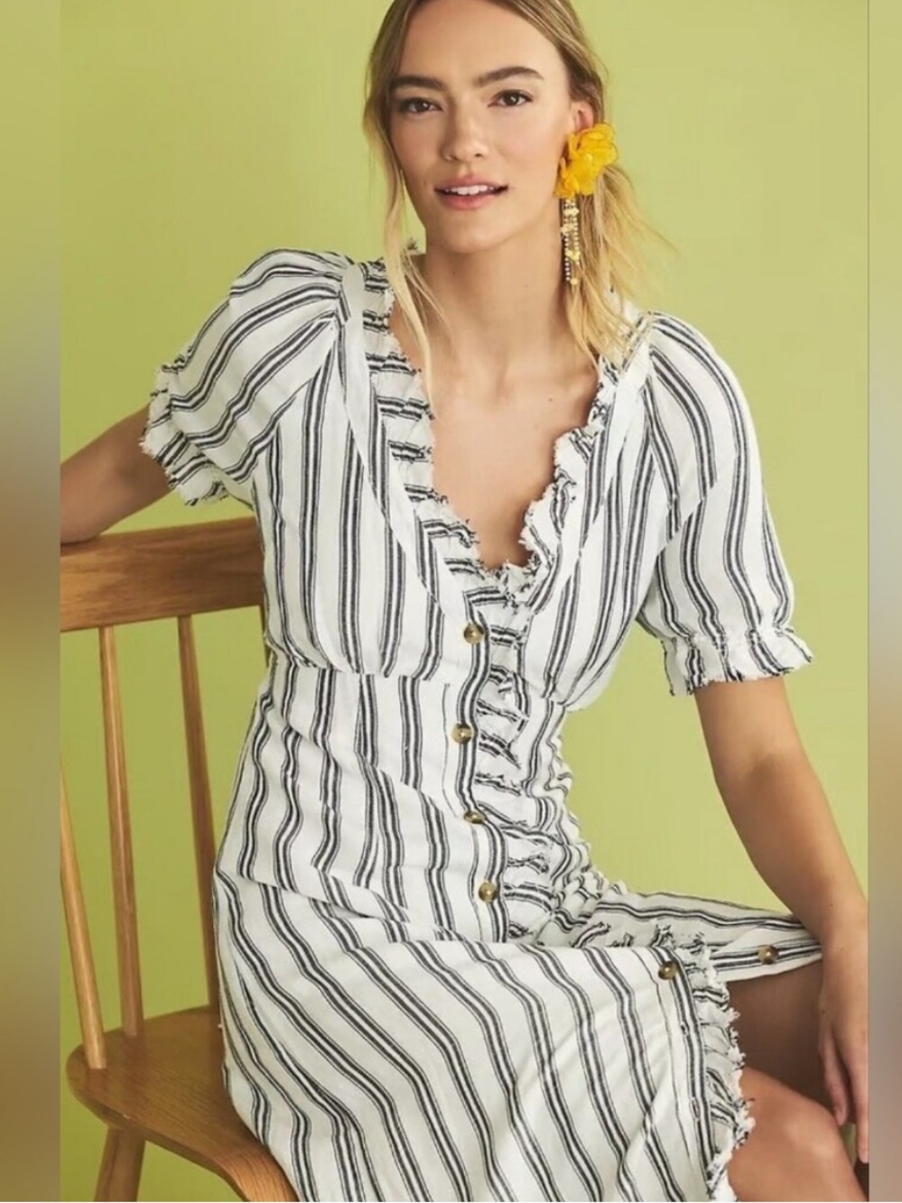 Anthropologie Pilcro Linen Blend Button-Up Midi Dress w/ Distressed Ruffle Trim